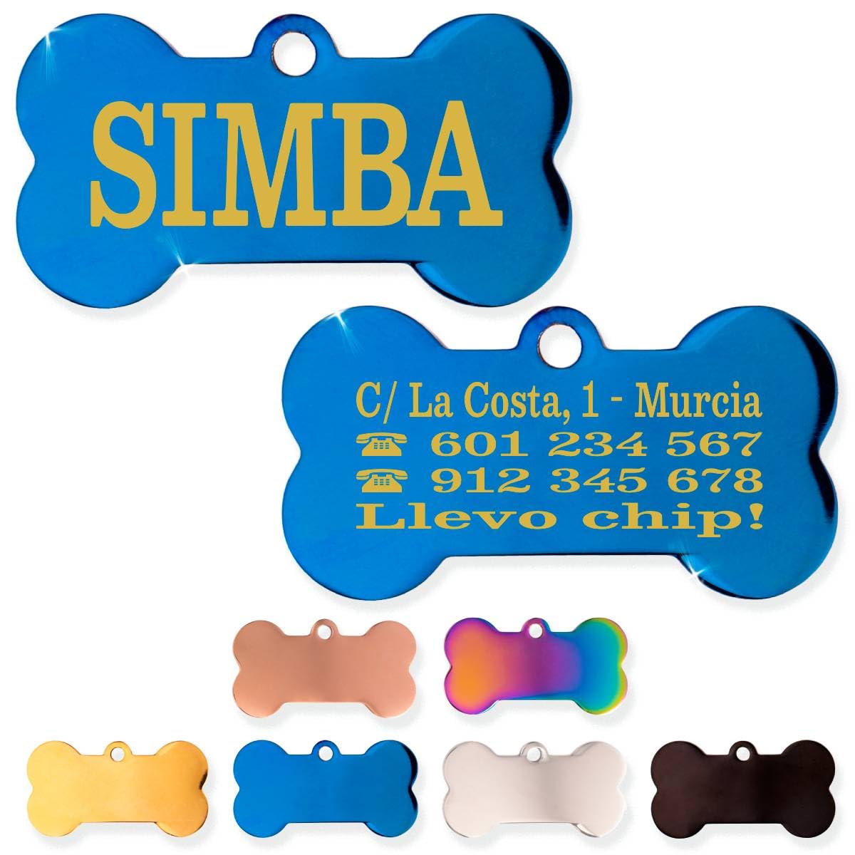 Ibera Gifts - Chapa Perro Grabada De Acero Inoxidable En Forma De Hueso, Tamaño 37 x 23 mm, Placa Perro Personalizada Para Perros Medianos Hasta Grandes