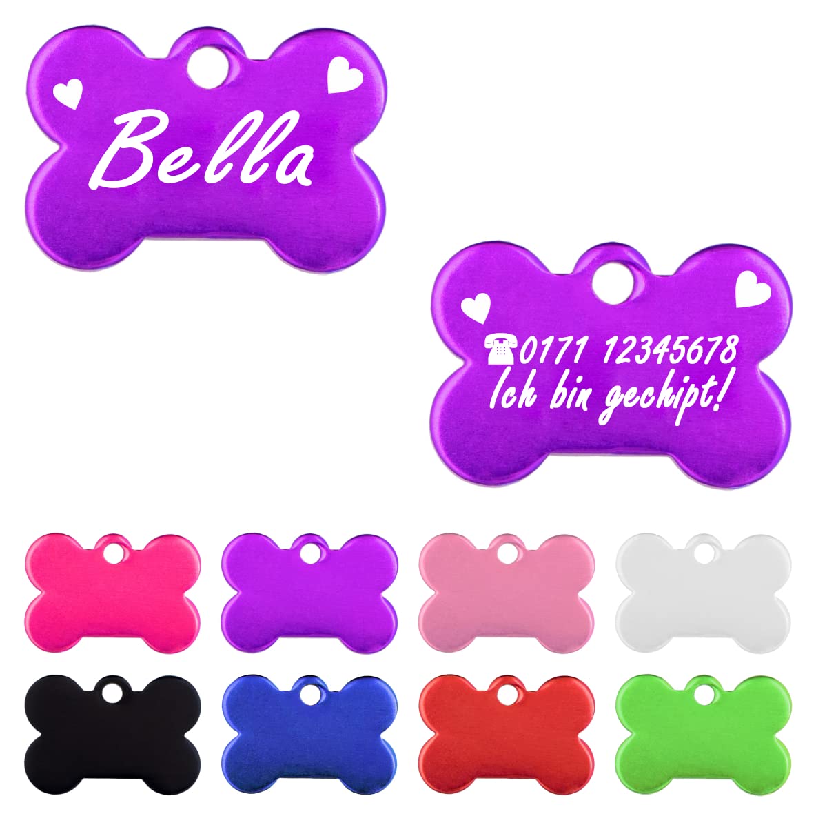 Iberiagifts - Hundemarke Knochen mit Gravur und Herzen für sehr kleine Welpen - Hunde - Katzen Haustier Plakette Anhänger Halsband Medaillon graviert personalisiert (Rot)