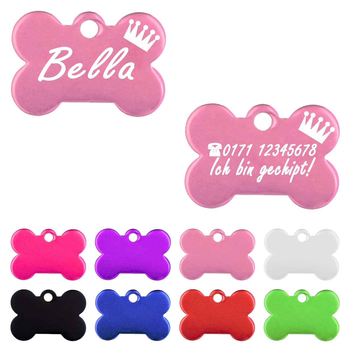 Iberiagifts - Hundemarke Knochen mit Gravur und Kronefür sehr kleine Welpen - Hunde - Katzen Haustier Plakette Anhänger Halsband Medaillon graviert personalisiert (Silber)