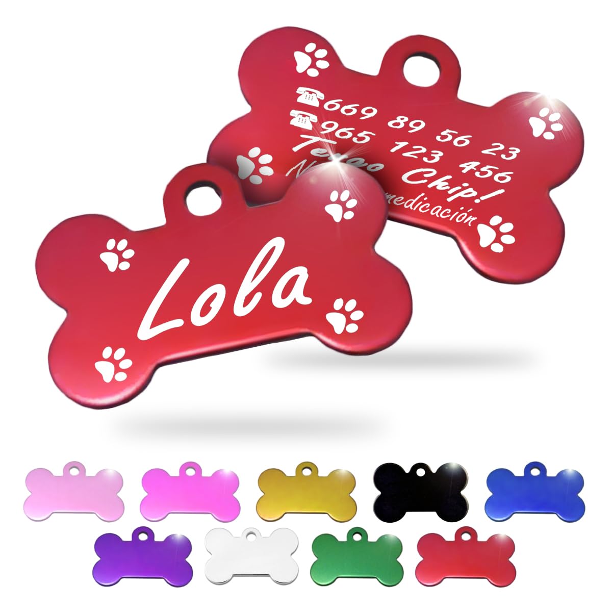 Ibera Gifts - Chapa Perro Grabada en Forma de Hueso, Placa Perro Personalizada para Perros y Gatos Medianos y Grandes, Tamaño 40 x 26 mm, Chapa Identificativa Perro y Gato (Negra)