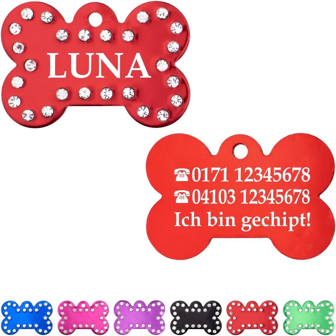 Ibera gifts: Hundemarke mit Gravur - Personalisierte Hundemarke aus glänzendem Aluminium mit Strasssteinen, Größe 40 x 26 mm, ideal für mittelgroße bis große Haustiere (Rot)