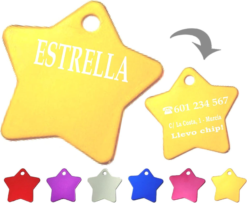 Ibera Gifts - Chapa Perro Grabada en Forma de Estrella para Perros y Gatos de Tamaño Mediano a Grande, Placa Perro Personalizada, Aluminio Brillante, Tamaño 36 x 36 mm (Dorado)