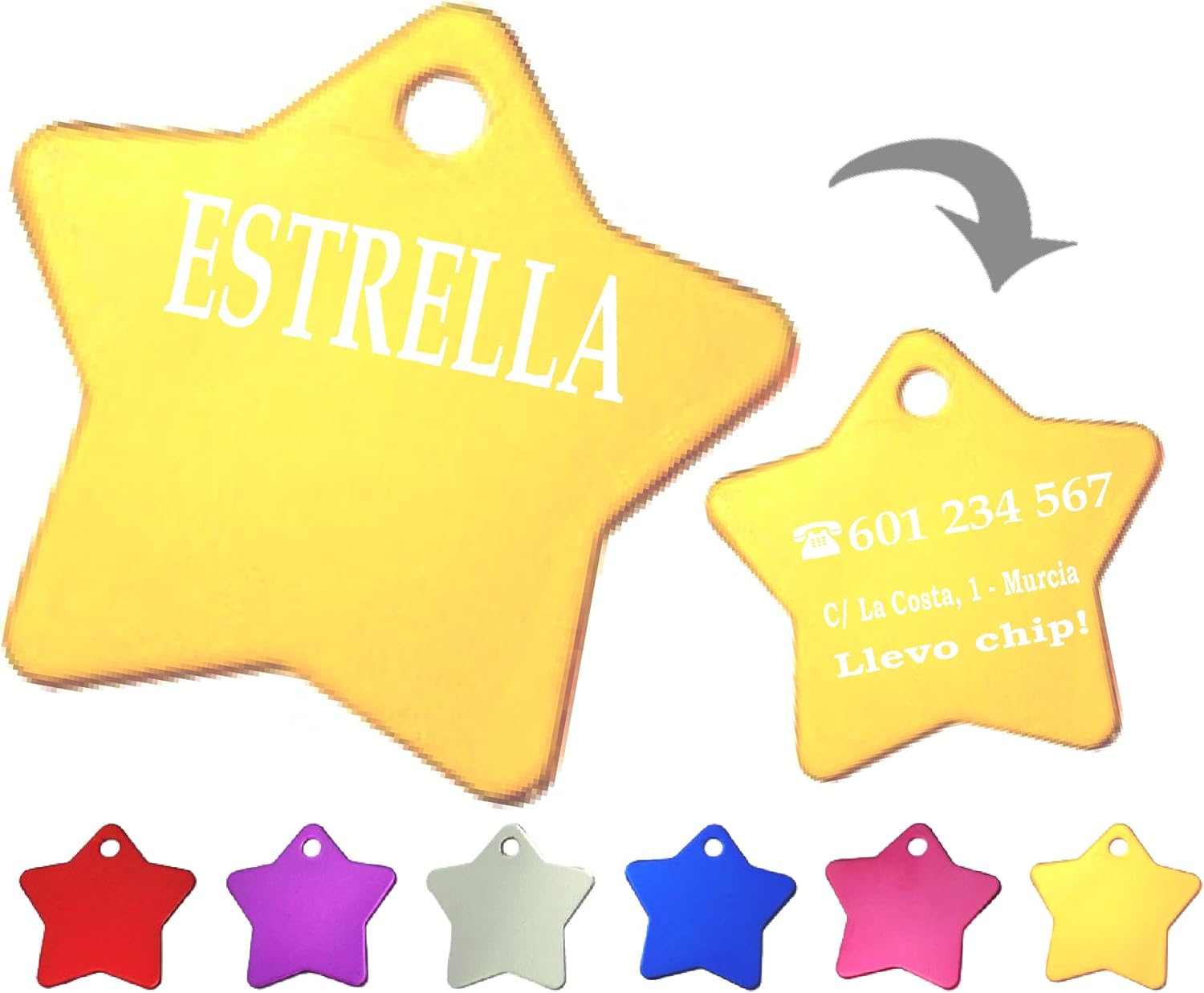 Ibera Gifts - Chapa Perro Grabada en Forma de Estrella para Perros y Gatos de Tamaño Mediano a Grande, Placa Perro Personalizada, Aluminio Brillante, Tamaño 36 x 36 mm (Dorado)