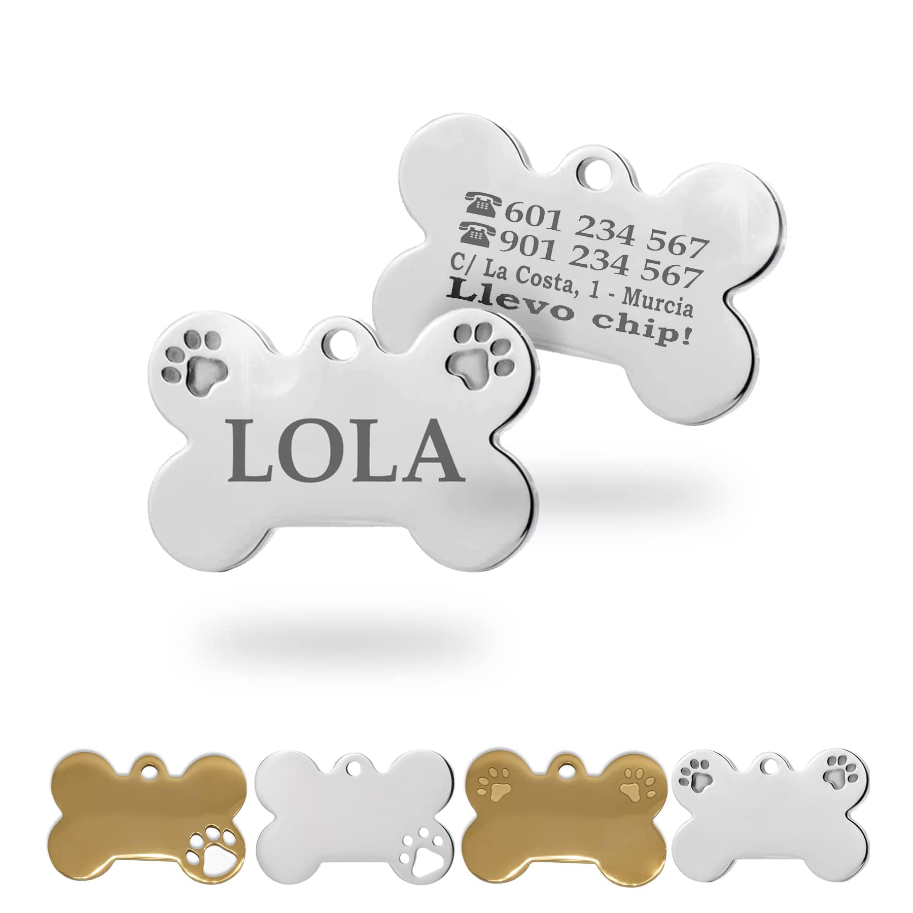 Ibera Gifts - Chapa Perro Grabada De Acero Inoxidable En Forma De Hueso, Tamaño 37 x 23 mm, Placa Perro Personalizada Para Perros Medianos Hasta Grandes