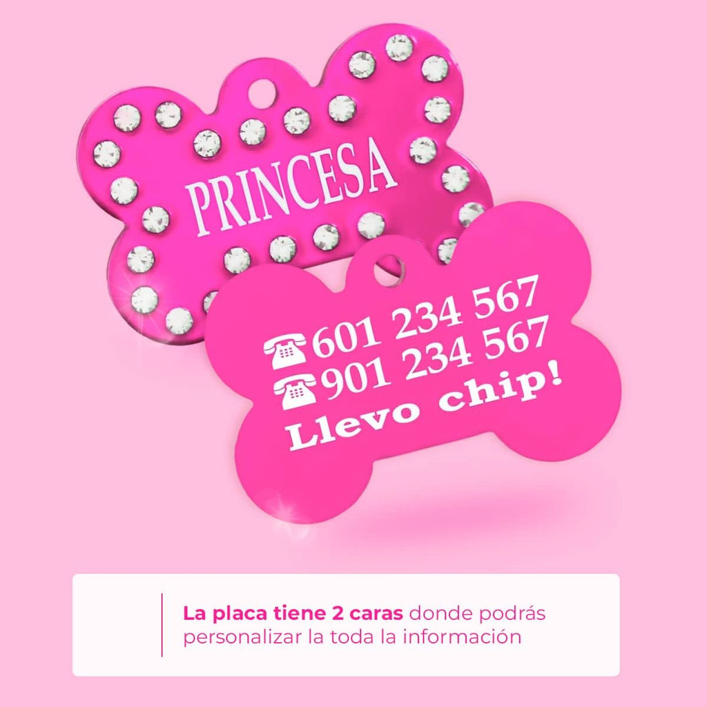 Ibera Gifts - Chapa Perro Grabada en Forma de Hueso con Pedrería, Placa Perro Personalizada para Perros y Gatos Medianos a Grandes, Tamaño 40 x 27 mm, Chapa Identificativa Perro y Gato (Fucsia)