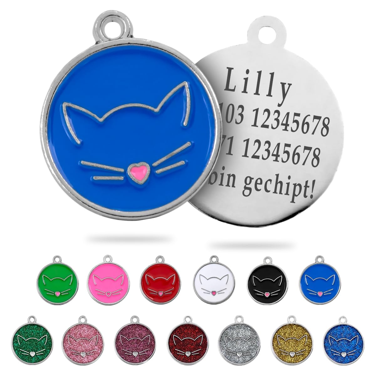 Ibera gifts - Runder Anhänger Katze mit Katzengesicht, personalisierter Adressanhänger für mittelgroße bis große Katzen, legiertes Metall, 25 x 25 mm, 4 Gravurzeilen auf der Rückseite (Glitter Blue)