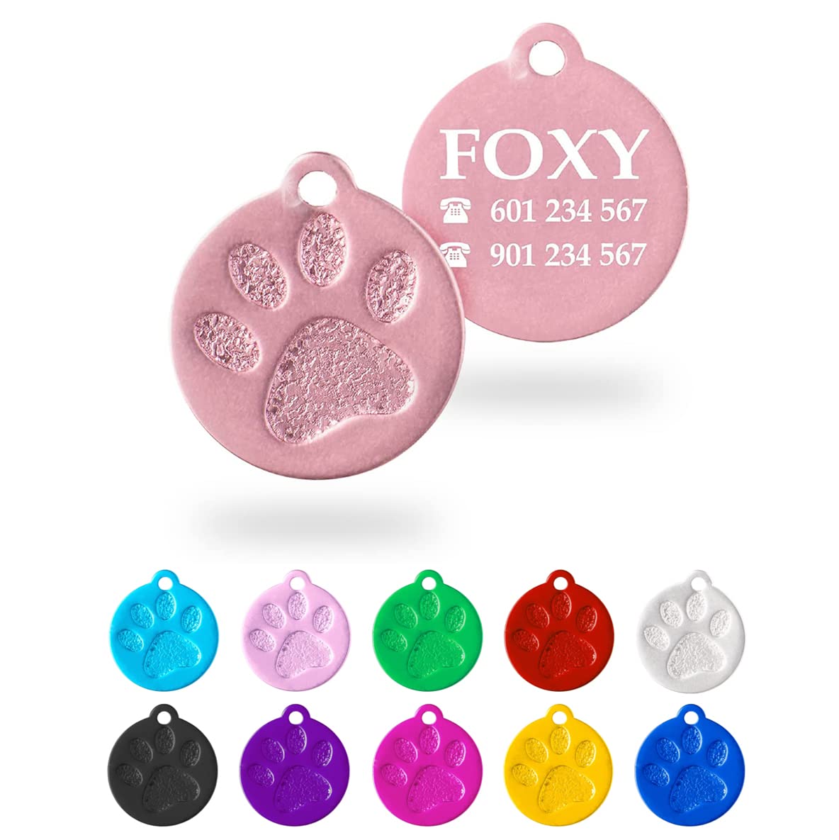 Ibera Gifts - Chapa Perro Grabada en Forma Redonda con Huella, Placa Perro Personalizada para Perros y Gatos Pequeños a Medianos, Tamaño 26 x 23 mm, Chapa Identificativa Perro y Gato (Plateada)
