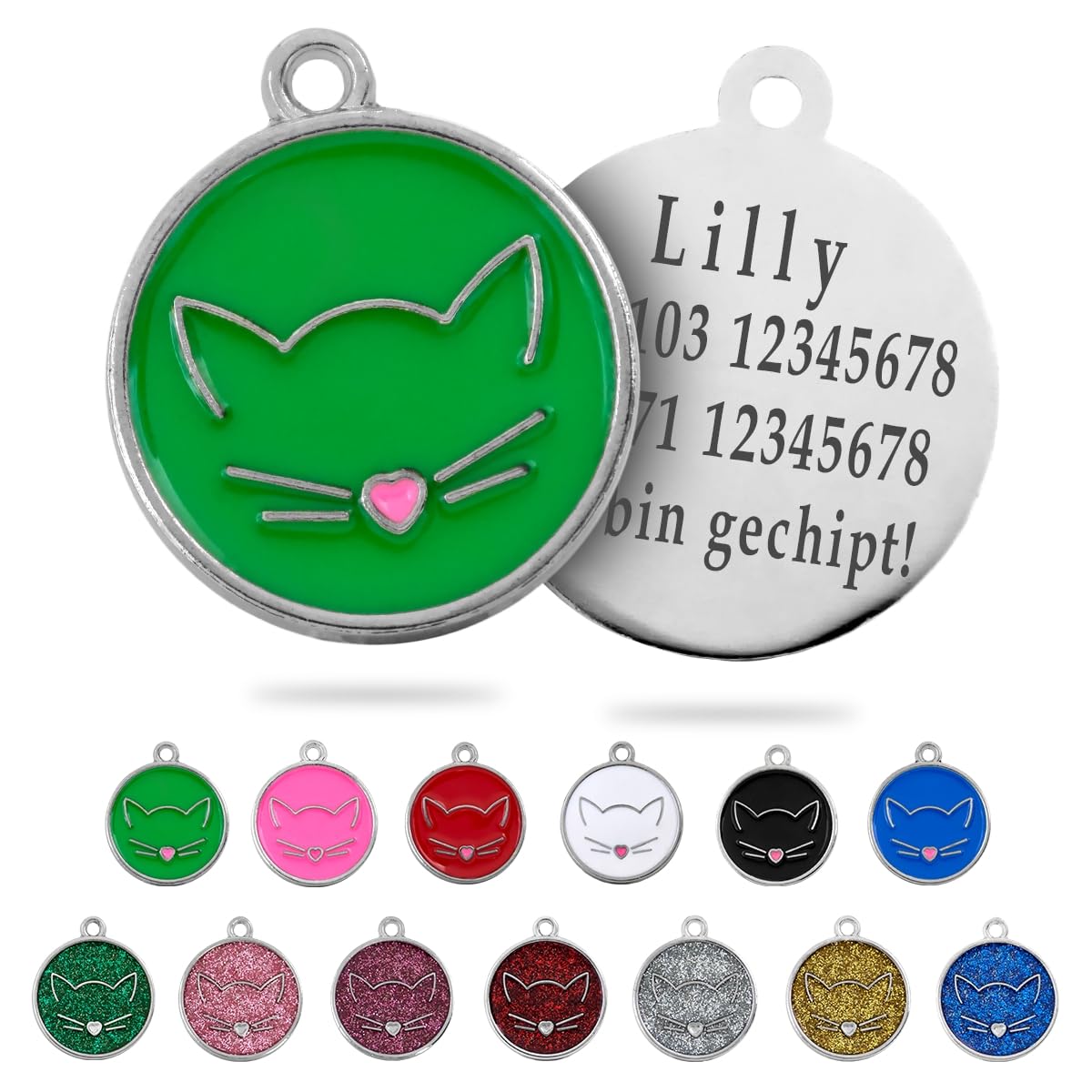 Ibera gifts - Runder Anhänger Katze mit Katzengesicht, personalisierter Adressanhänger für mittelgroße bis große Katzen, legiertes Metall, 25 x 25 mm, 4 Gravurzeilen auf der Rückseite (Glitter Blue)