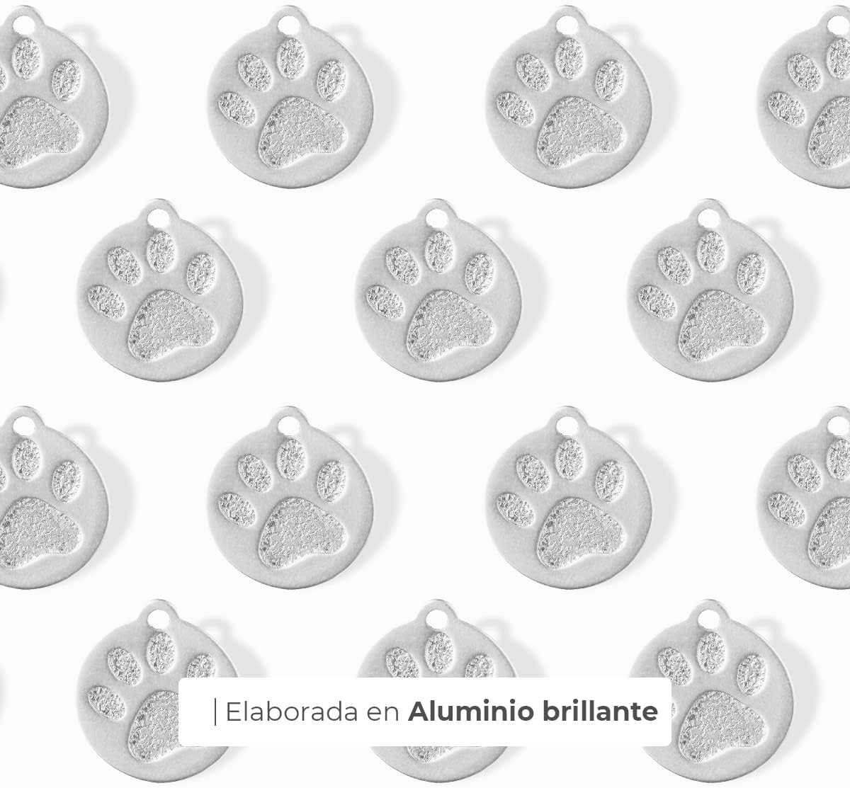 Ibera Gifts - Chapa Perro Grabada en Forma Redonda con Huella, Placa Perro Personalizada para Perros y Gatos Pequeños a Medianos, Tamaño 26 x 23 mm, Chapa Identificativa Perro y Gato (Plateada)