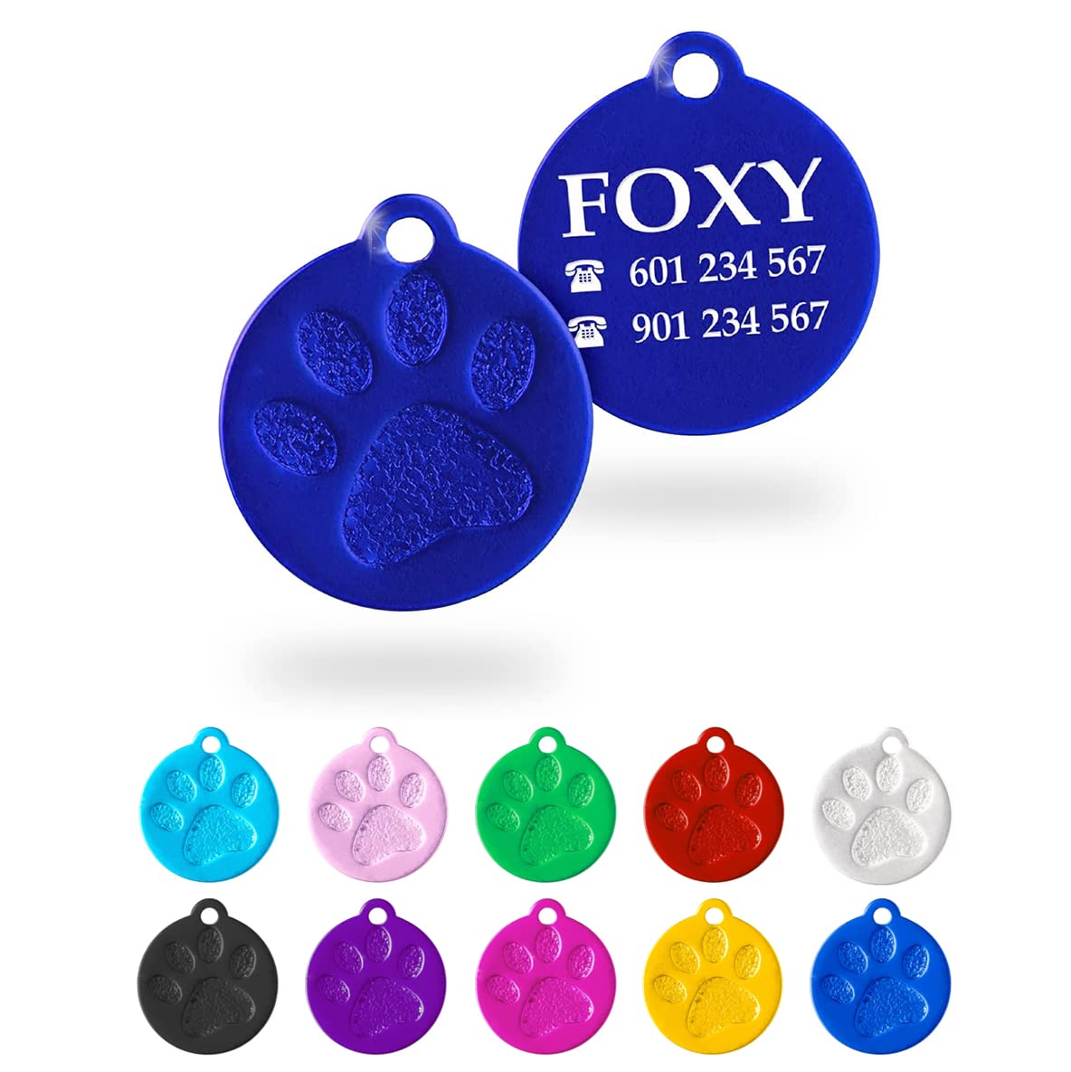 Ibera Gifts - Chapa Perro Grabada en Forma Redonda con Huella, Placa Perro Personalizada para Perros y Gatos Pequeños a Medianos, Tamaño 26 x 23 mm, Chapa Identificativa Perro y Gato (Plateada)