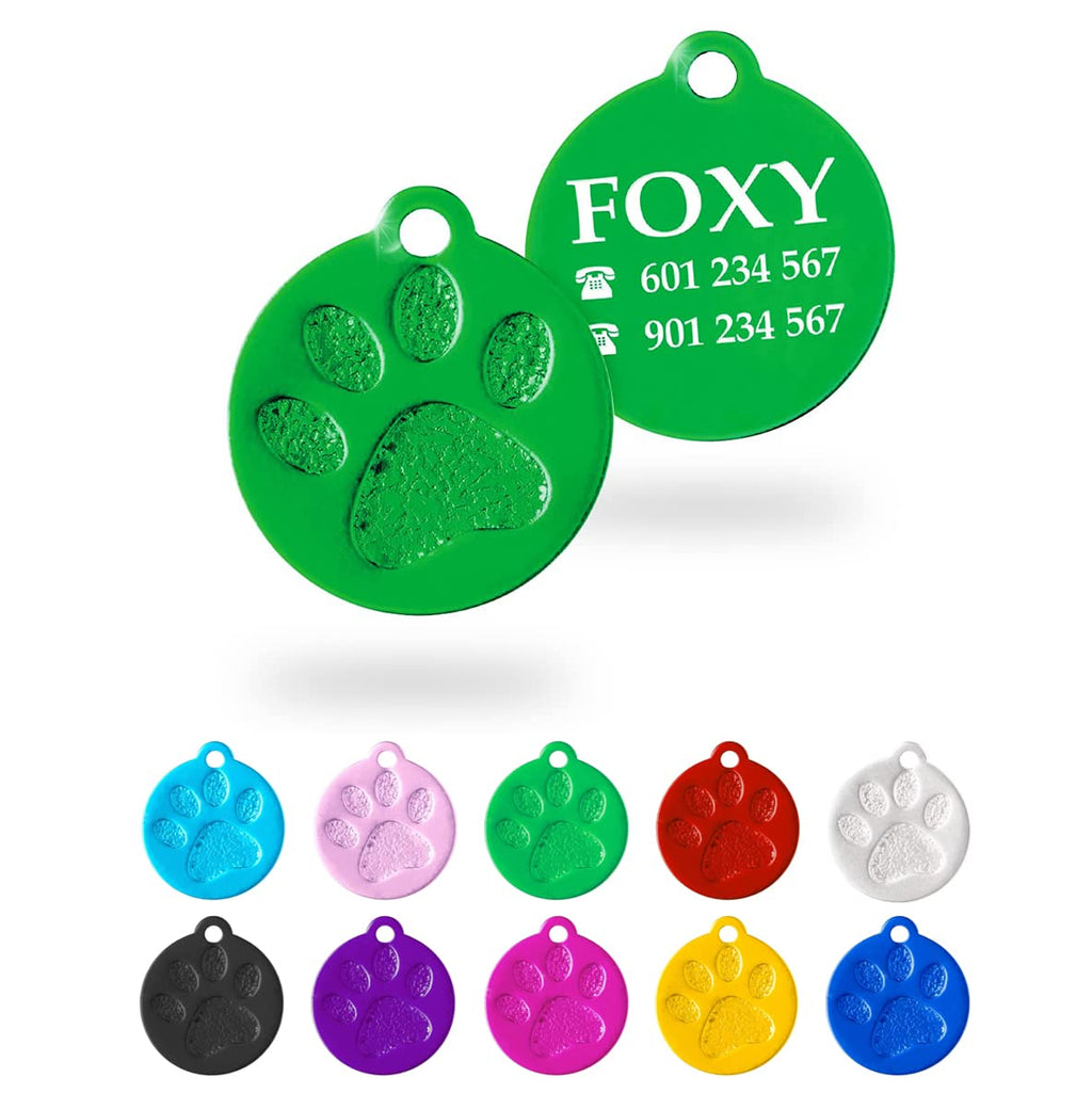 Ibera Gifts - Chapa Perro Grabada en Forma Redonda con Huella, Placa Perro Personalizada para Perros y Gatos Pequeños a Medianos, Tamaño 26 x 23 mm, Chapa Identificativa Perro y Gato (Plateada)