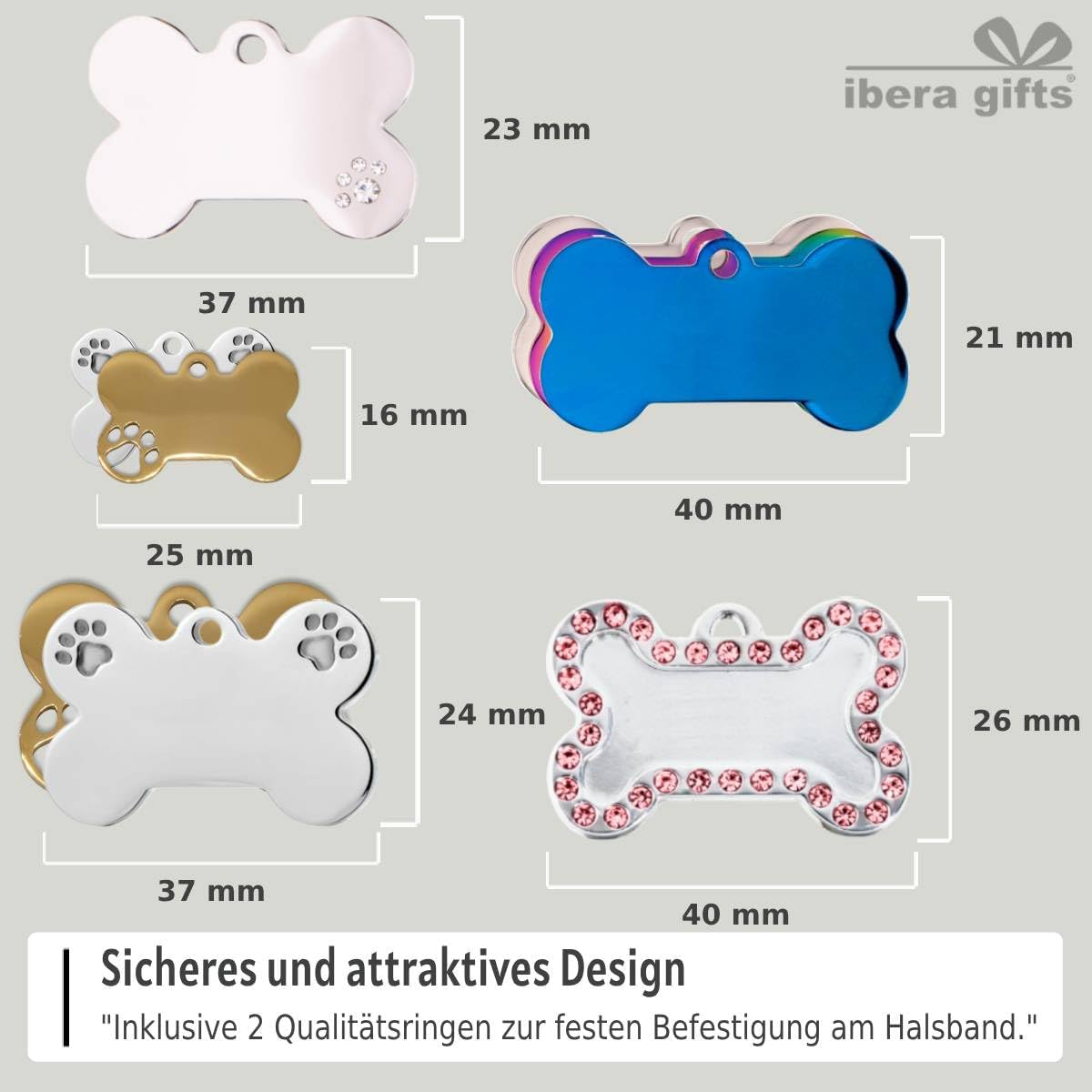 Ibera gifts - Hundemarke Mit Gravur - Personalisierte Hundemarke Für Mittelgroße Bis Große Hunde - Edelstahl 37 x 23 mm - Hundeanhänger Mit Gravur - Mit Strasssteinen (Silber/Strass/Pfote)