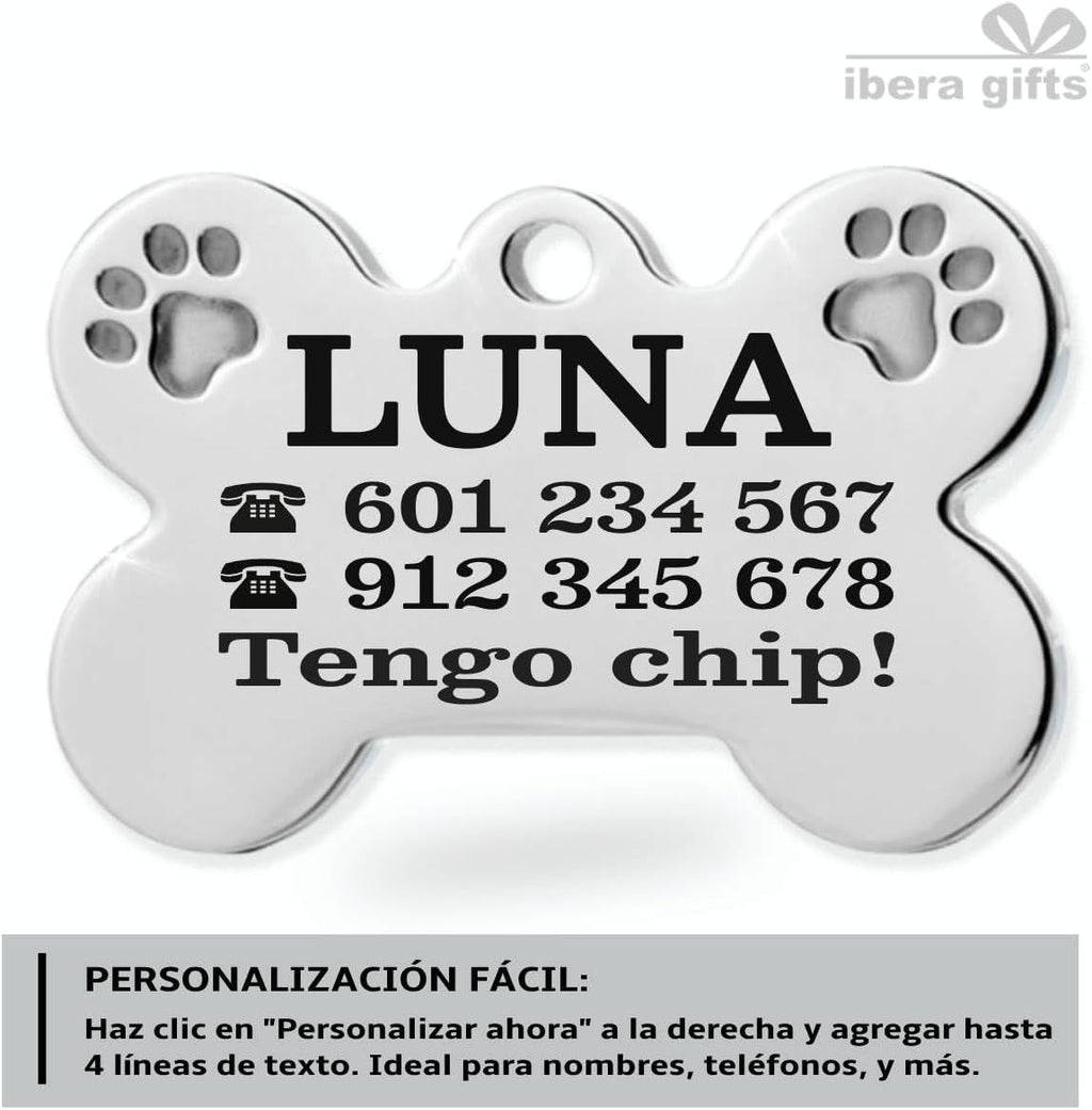 Ibera Gifts - Chapa Perro Grabada De Acero Inoxidable En Forma De Hueso, Tamaño 37 x 23 mm, Placa Perro Personalizada Para Perros Medianos Hasta Grandes