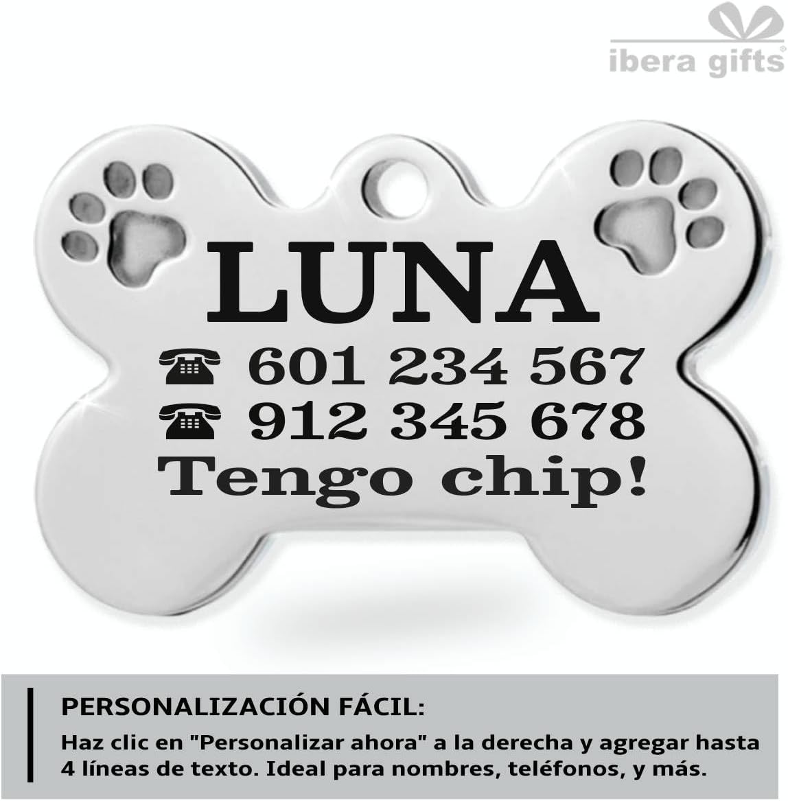 Ibera Gifts - Chapa Perro Grabada De Acero Inoxidable En Forma De Hueso, Tamaño 37 x 23 mm, Placa Perro Personalizada Para Perros Medianos Hasta Grandes