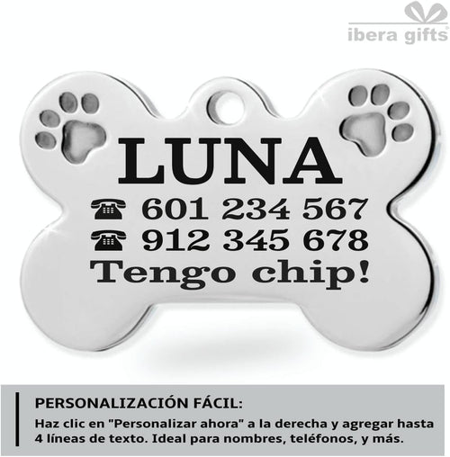 Ibera Gifts - Chapa Perro Grabada De Acero Inoxidable En Forma De Hueso, Tamaño 37 x 23 mm, Placa Perro Personalizada Para Perros Medianos Hasta Grandes