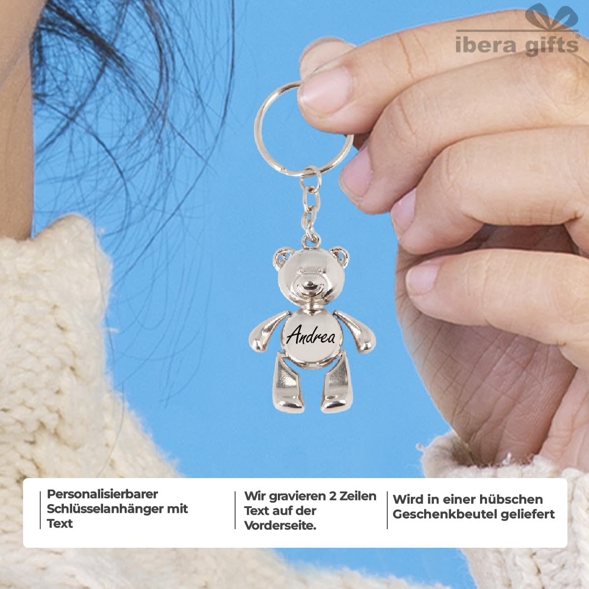 ibera gifts - Personalisierter Schlüsselanhänger Mit Gravur Name Text Bär Metall Geschenk Für Paar Freund Familie Frau Mann Geburtstag Jahrestag Kinder Originell Beweglich