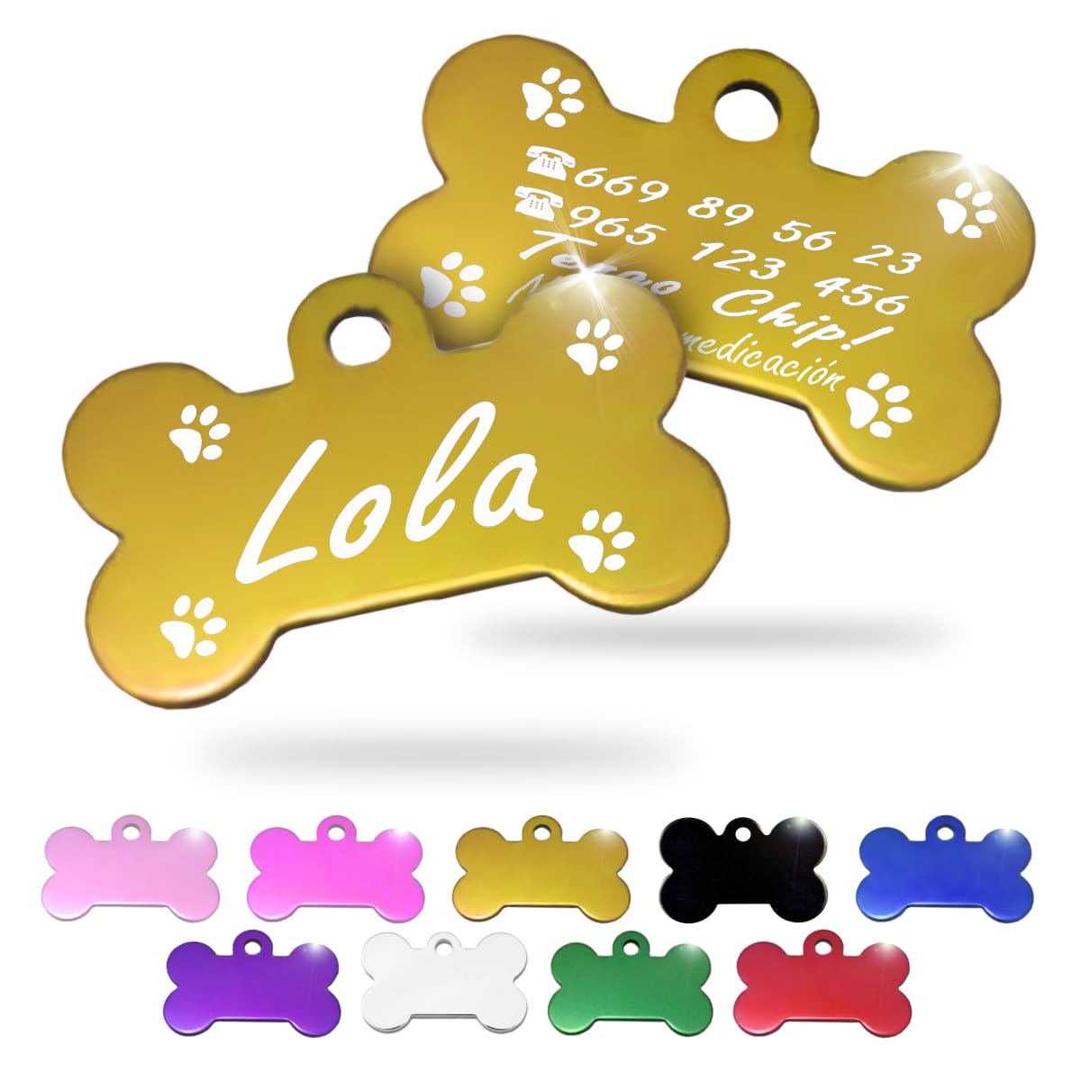 Ibera Gifts - Chapa Perro Grabada en Forma de Hueso, Placa Perro Personalizada para Perros y Gatos Medianos y Grandes, Tamaño 40 x 26 mm, Chapa Identificativa Perro y Gato (Negra)