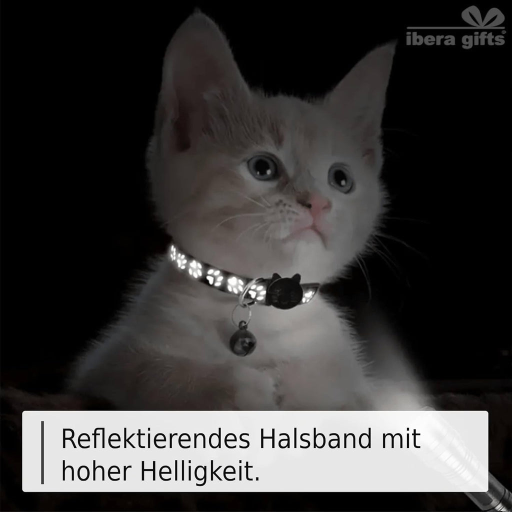 Ibera gifts - Katzenhalsband Personalisiert, Katzenhalsband mit Namen Für Katzen mit Sicherheitsverschluss Selbstöffnend, Reflektierend (Schwarz)