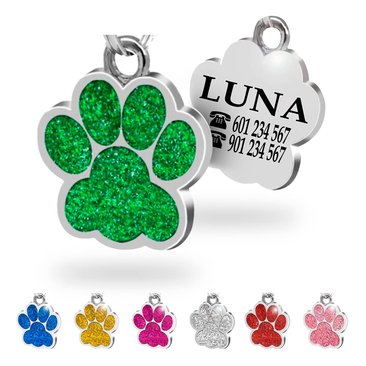 Ibera Gifts - Chapa Perro Grabada en Forma de Pata con Purpurina, Placa Perro Personalizada para Perros y Gatos Pequeños y Medianos, Tamaño 24 mm x 27 mm, Chapa Identificativa Perro y Gato (Azul)