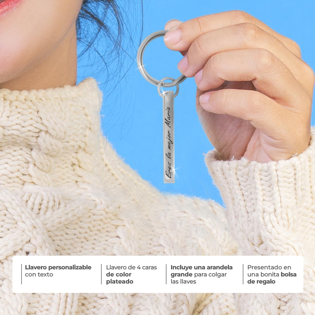 Llavero personalizado rectangular de acero - Regalos originales personalizados Mujer, Hombre, Parejas, Novios, Amiga, Papa, Dia Padre - Grabado Nombre, Mensaje, Llaveros originales personalizados