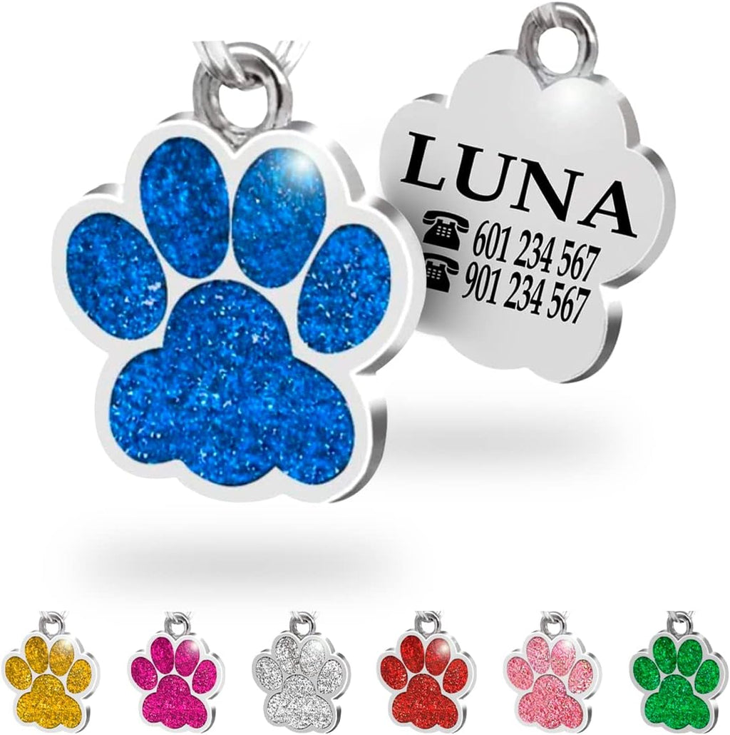 Ibera Gifts - Chapa Perro Grabada en Forma de Pata con Purpurina, Placa Perro Personalizada para Perros y Gatos Pequeños y Medianos, Tamaño 24 mm x 27 mm, Chapa Identificativa Perro y Gato (Azul)