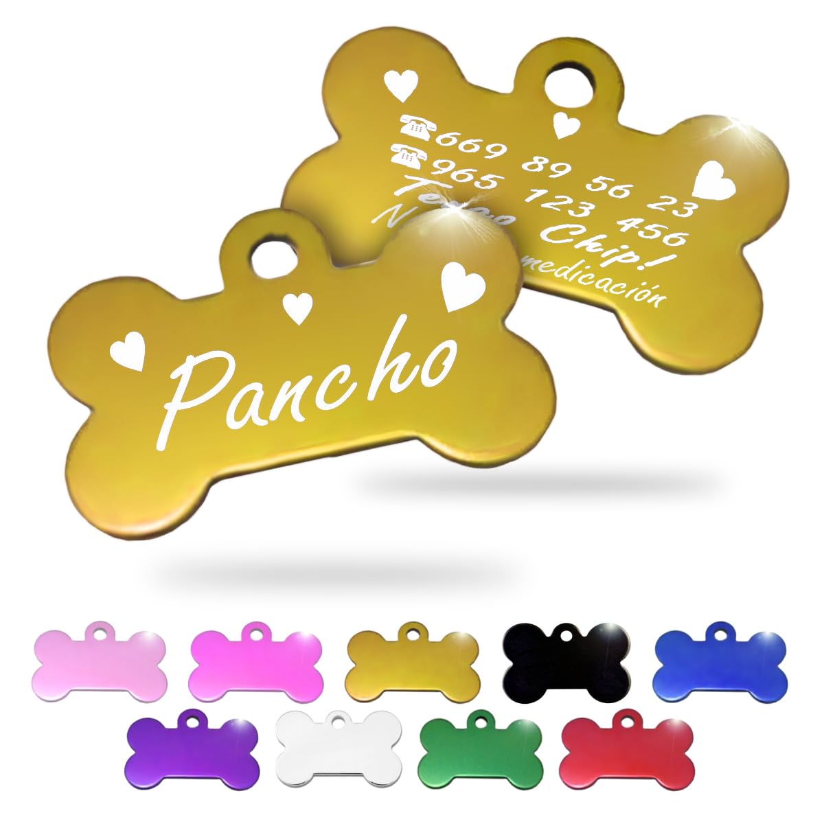 Ibera Gifts - Chapa Perro Grabada en Forma de Hueso, Placa Perro Personalizada para Perros y Gatos Medianos y Grandes, Tamaño 40 x 26 mm, Chapa Identificativa Perro y Gato (Negra)