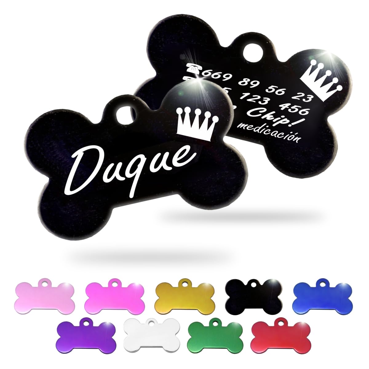 Ibera Gifts - Chapa Perro Grabada en Forma de Hueso, Placa Perro Personalizada para Perros y Gatos Medianos y Grandes, Tamaño 40 x 26 mm, Chapa Identificativa Perro y Gato (Negra)