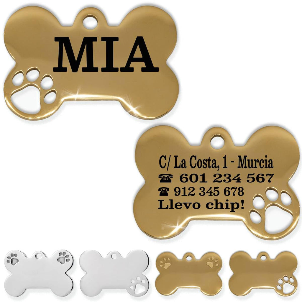 Ibera Gifts - Chapa Perro Grabada De Acero Inoxidable En Forma De Hueso, Tamaño 25 x 16 mm, Placa Perro Personalizada Para Cachorros y Mascotas Muy Pequeñas (Peq. 2 Huellas)