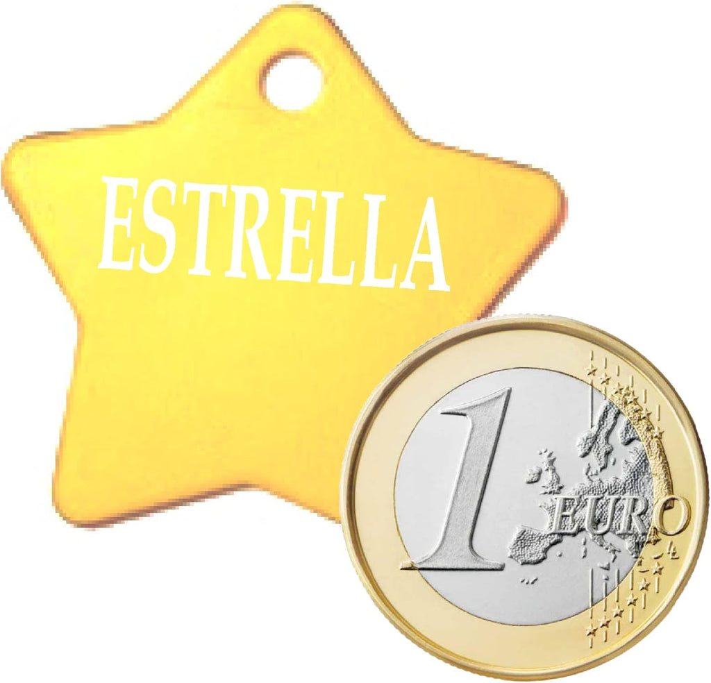 Ibera Gifts - Chapa Perro Grabada en Forma de Estrella para Perros y Gatos de Tamaño Mediano a Grande, Placa Perro Personalizada, Aluminio Brillante, Tamaño 36 x 36 mm (Dorado)