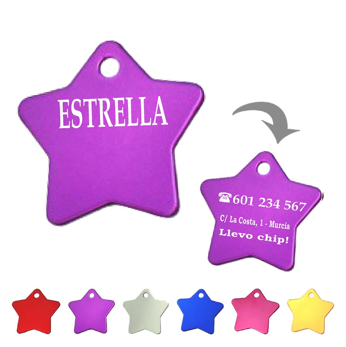 Ibera Gifts - Chapa Perro Grabada en Forma de Estrella para Perros y Gatos de Tamaño Mediano a Grande, Placa Perro Personalizada, Aluminio Brillante, Tamaño 36 x 36 mm (Dorado)