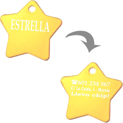 Ibera Gifts - Chapa Perro Grabada en Forma de Estrella para Perros y Gatos de Tamaño Mediano a Grande, Placa Perro Personalizada, Aluminio Brillante, Tamaño 36 x 36 mm (Dorado)