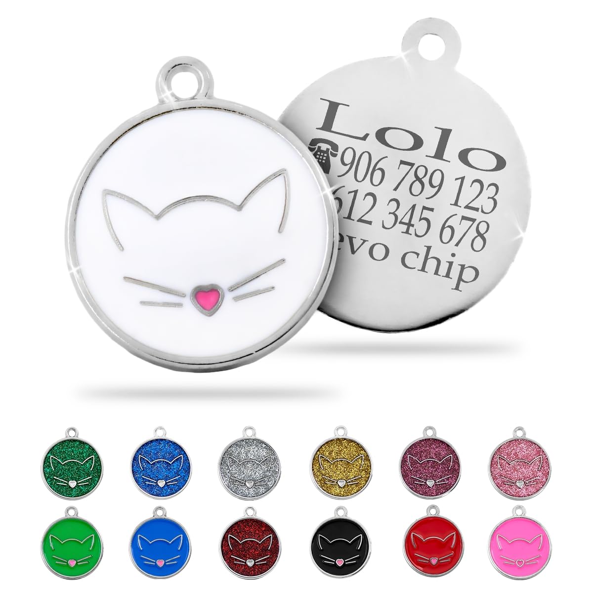Ibera Gifts - Chapa Identificativa para Gato en Forma Redonda Con Cara de Gato, Nombre para Gatos de Todos los Tamaños, Metal de Aleación, Collar Personalizado (Negro)