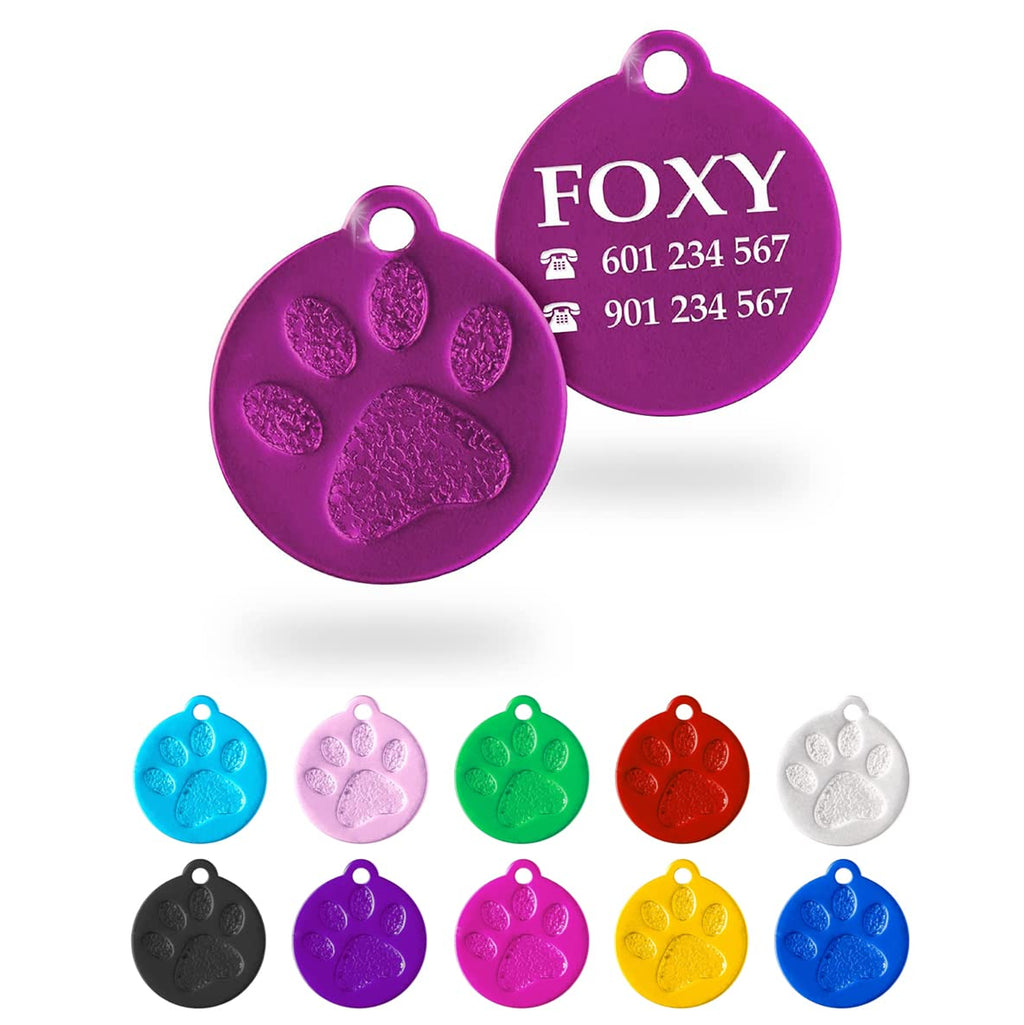 Ibera Gifts - Chapa Perro Grabada en Forma Redonda con Huella, Placa Perro Personalizada para Perros y Gatos Pequeños a Medianos, Tamaño 26 x 23 mm, Chapa Identificativa Perro y Gato (Plateada)