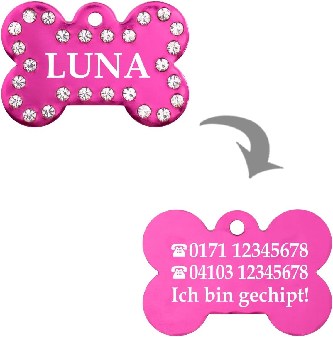 Ibera gifts: Hundemarke mit Gravur - Personalisierte Hundemarke aus glänzendem Aluminium mit Strasssteinen, Größe 40 x 26 mm, ideal für mittelgroße bis große Haustiere (Rot)