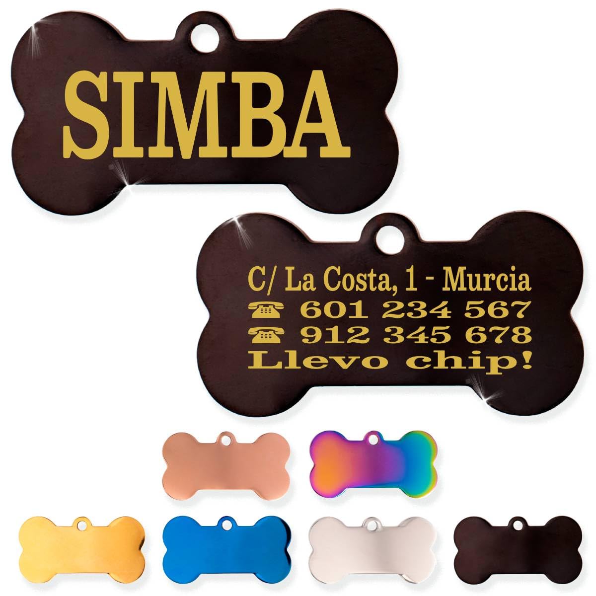 Ibera Gifts - Chapa Perro Grabada De Acero Inoxidable En Forma De Hueso, Tamaño 25 x 16 mm, Placa Perro Personalizada Para Cachorros y Mascotas Muy Pequeñas (Peq. 2 Huellas)