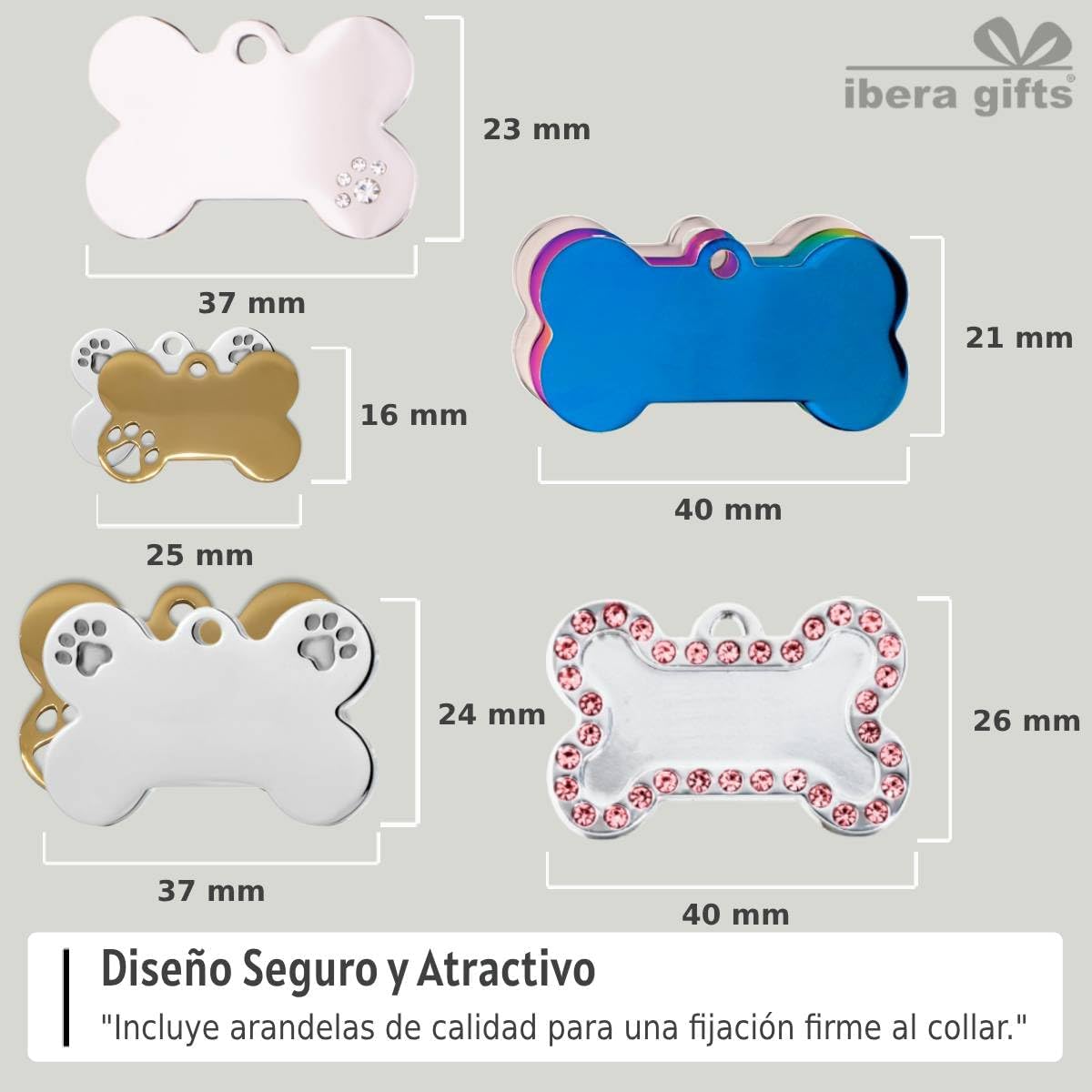 Ibera Gifts - Chapa Perro Grabada De Acero Inoxidable En Forma De Hueso, Tamaño 25 x 16 mm, Placa Perro Personalizada Para Cachorros y Mascotas Muy Pequeñas (Peq. 2 Huellas)
