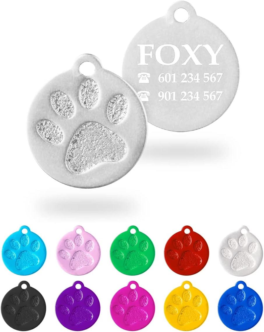 Ibera Gifts - Chapa Perro Grabada en Forma Redonda con Huella, Placa Perro Personalizada para Perros y Gatos Pequeños a Medianos, Tamaño 26 x 23 mm, Chapa Identificativa Perro y Gato (Plateada)