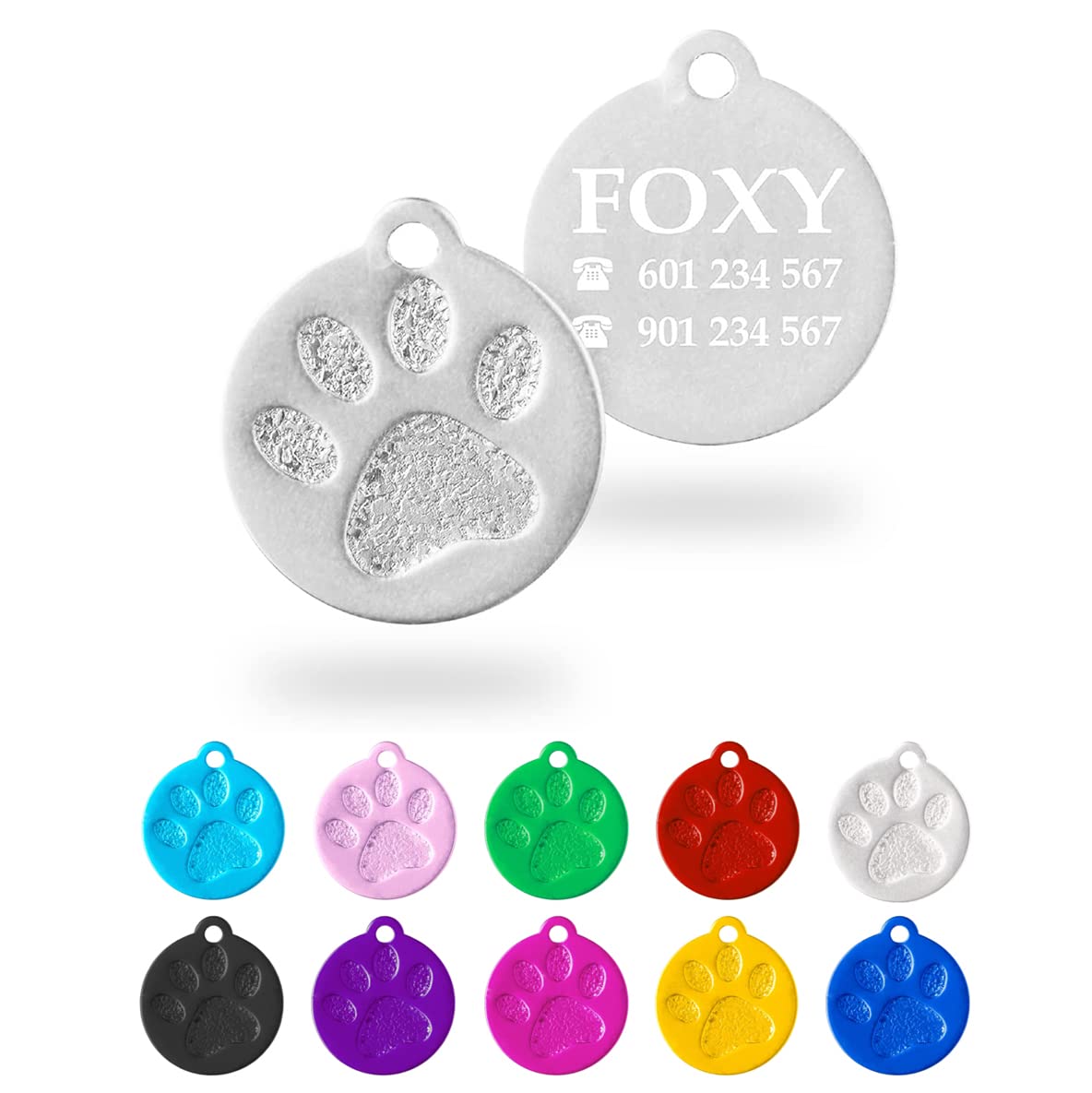 Ibera Gifts - Chapa Perro Grabada en Forma Redonda con Huella, Placa Perro Personalizada para Perros y Gatos Pequeños a Medianos, Tamaño 26 x 23 mm, Chapa Identificativa Perro y Gato (Plateada)