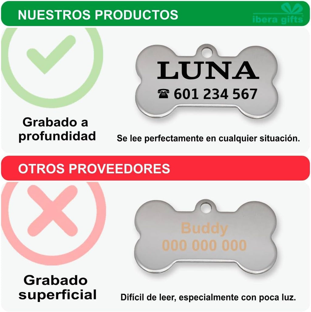 Ibera Gifts - Chapa Perro Grabada De Acero Inoxidable En Forma De Hueso, Tamaño 37 x 23 mm, Placa Perro Personalizada Para Perros Medianos Hasta Grandes