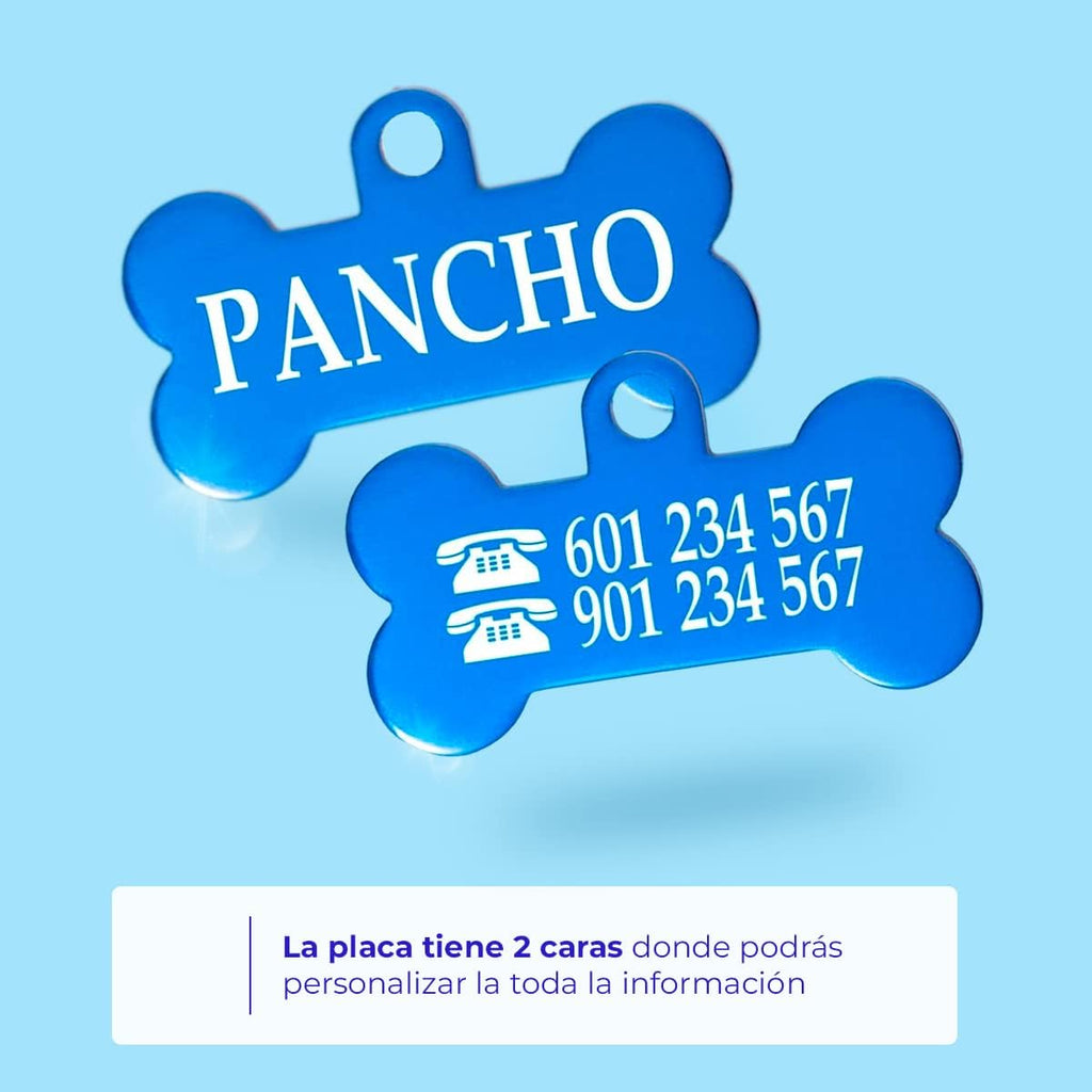 Ibera Gifts - Chapa Perro Grabada en Forma de Hueso para Perros y Gatos Pequeños a Medianos, Placa Perro Personalizada, Aluminio Brillante, Tamaño 30 x 15 mm (Azul)