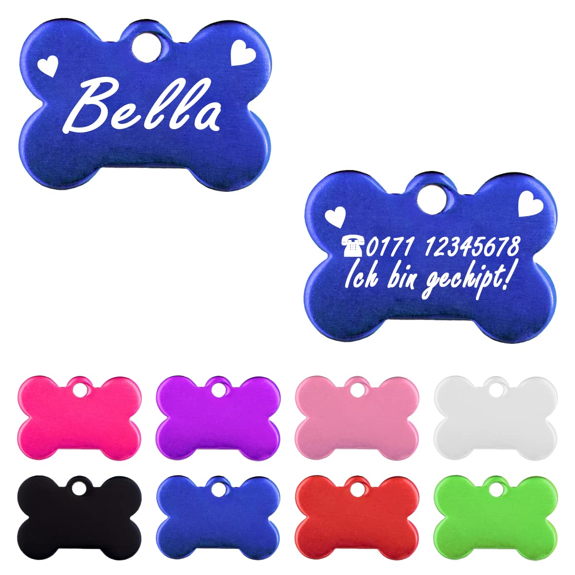 Iberiagifts - Hundemarke Knochen mit Gravur und Herzen für sehr kleine Welpen - Hunde - Katzen Haustier Plakette Anhänger Halsband Medaillon graviert personalisiert (Rot)