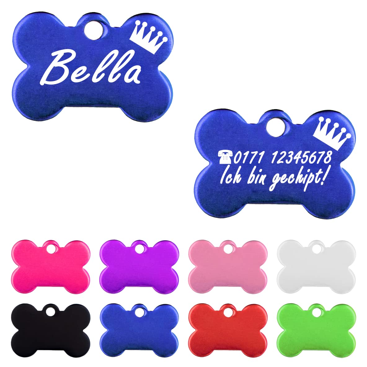 Iberiagifts - Hundemarke Knochen mit Gravur und Kronefür sehr kleine Welpen - Hunde - Katzen Haustier Plakette Anhänger Halsband Medaillon graviert personalisiert (Silber)