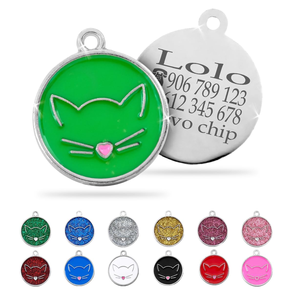 Ibera Gifts - Chapa Identificativa para Gato en Forma Redonda Con Cara de Gato, Nombre para Gatos de Todos los Tamaños, Metal de Aleación, Collar Personalizado (Negro)