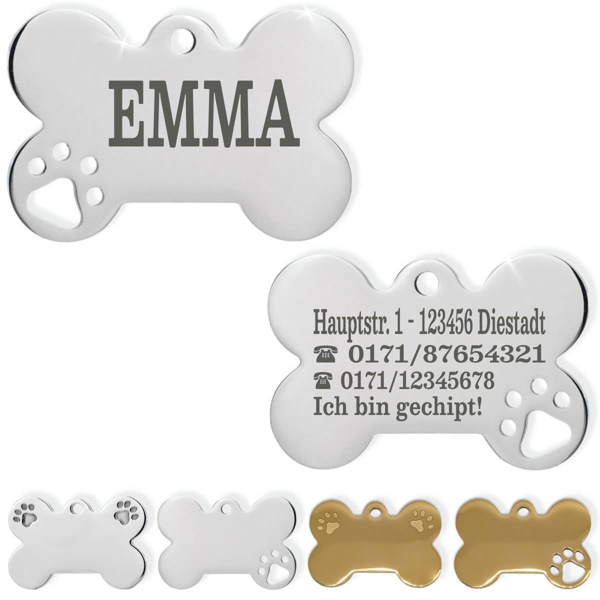 Ibera gifts - Hundemarke Mit Gravur - Personalisierte Hundemarke Für Mittelgroße Bis Große Hunde - Edelstahl 37 x 23 mm - Hundeanhänger Mit Gravur - Mit Strasssteinen (Silber/Strass/Pfote)