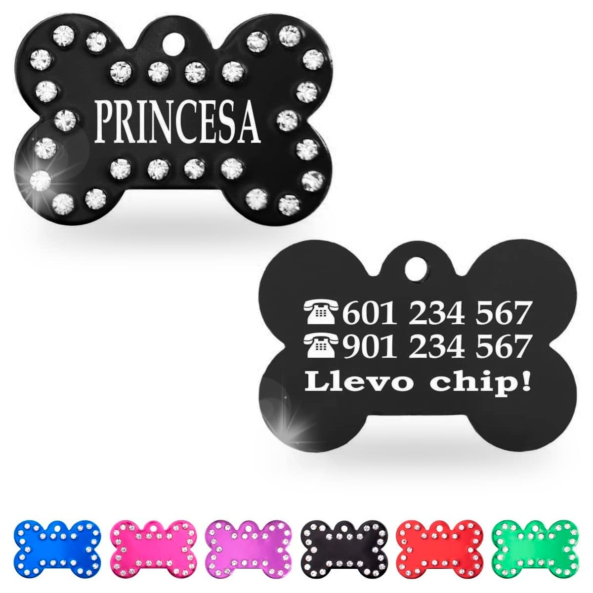 Ibera Gifts - Chapa Perro Grabada en Forma de Hueso con Pedrería, Placa Perro Personalizada para Perros y Gatos Medianos a Grandes, Tamaño 40 x 27 mm, Chapa Identificativa Perro y Gato (Fucsia)