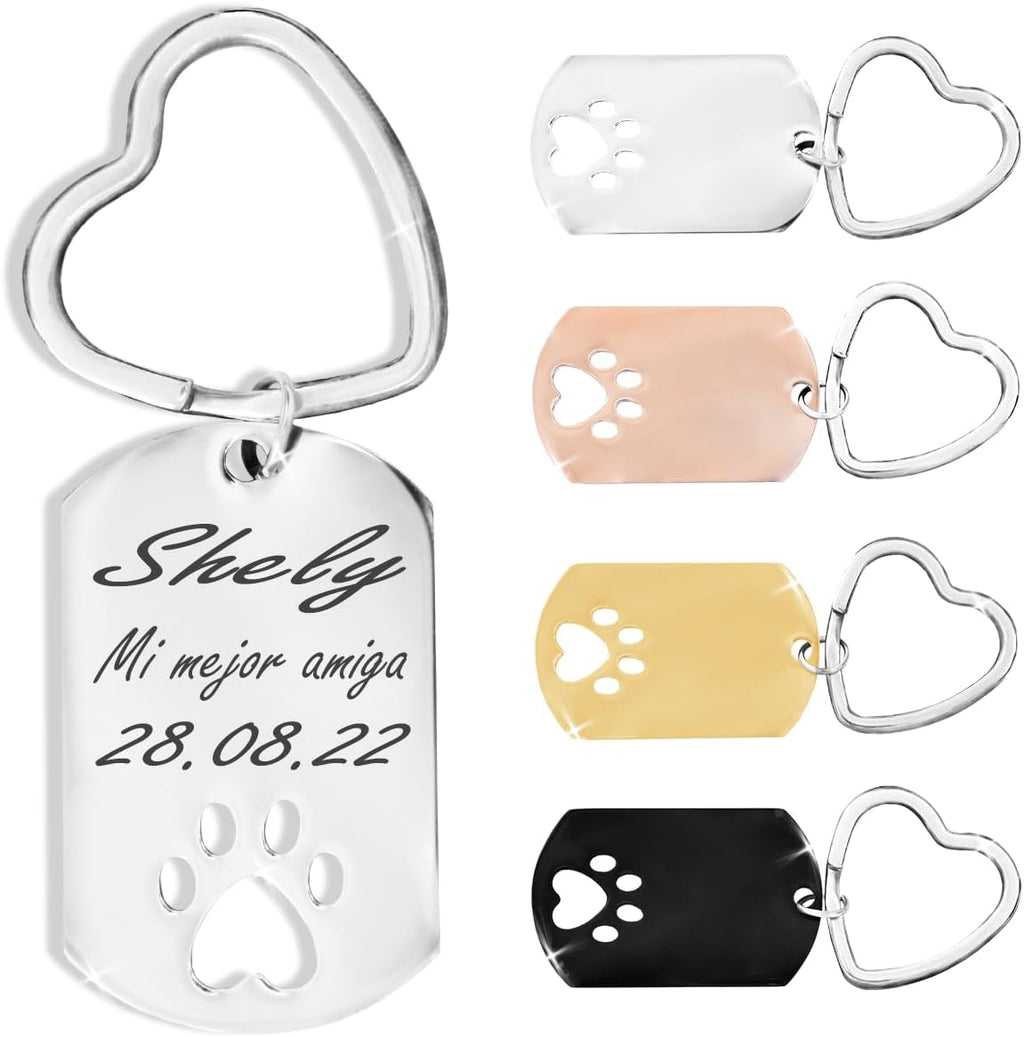 ibera gifts - Llavero Huella Mascota Personalizado con Texto en Acero Inoxidable – Regalo Mascota Personalizado – Llavero Huella Grabado Láser