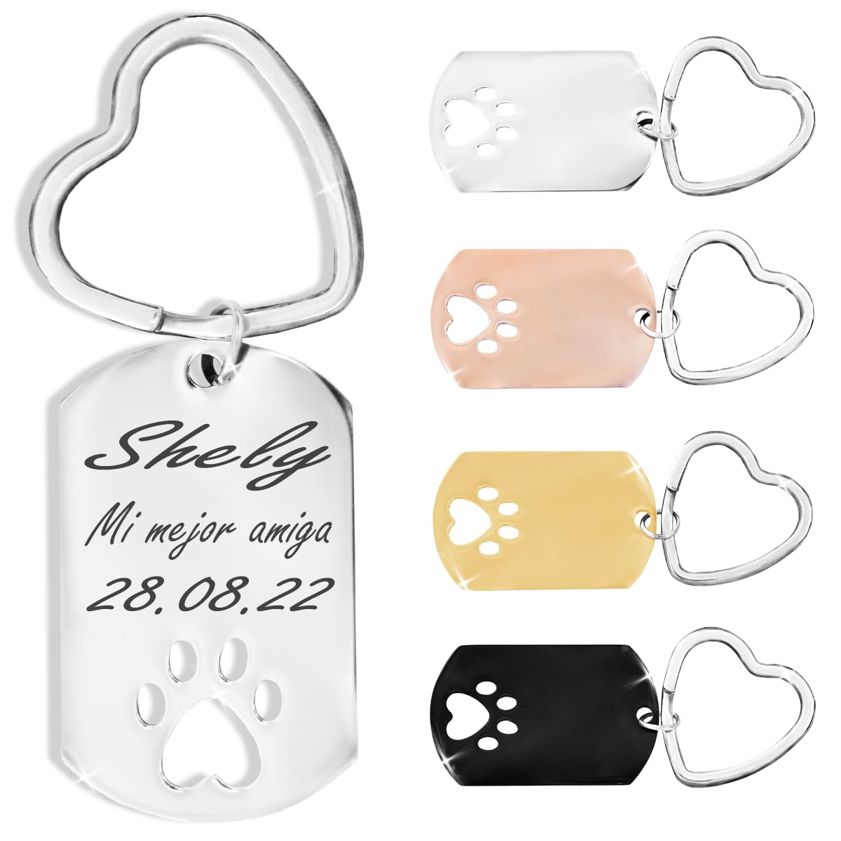 ibera gifts - Llavero Huella Mascota Personalizado con Texto en Acero Inoxidable – Regalo Mascota Personalizado – Llavero Huella Grabado Láser