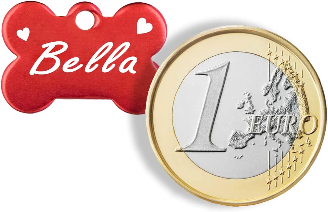 Iberiagifts - Hundemarke Knochen mit Gravur und Herzen für sehr kleine Welpen - Hunde - Katzen Haustier Plakette Anhänger Halsband Medaillon graviert personalisiert (Rot)