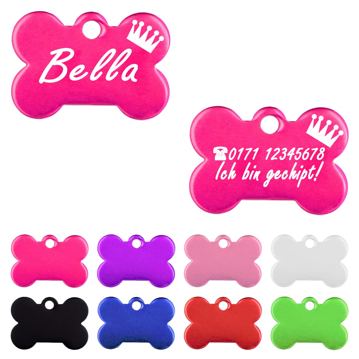 Iberiagifts - Hundemarke Knochen mit Gravur und Kronefür sehr kleine Welpen - Hunde - Katzen Haustier Plakette Anhänger Halsband Medaillon graviert personalisiert (Silber)