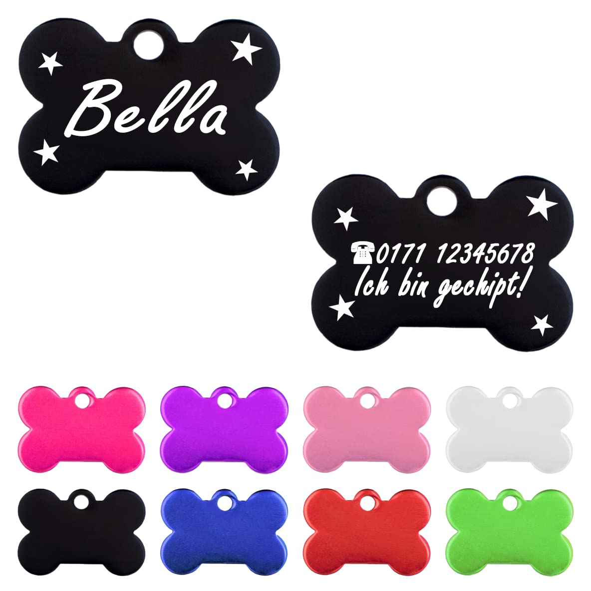 Iberiagifts - Hundemarke Knochen mit Gravur und Sternefür sehr kleine Welpen - Hunde - Katzen Haustier Plakette Anhänger Halsband Medaillon graviert personalisiert (Grün)